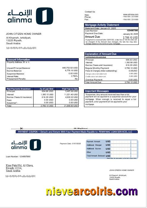 Saudi Arabia Alinma bank mortgage statement